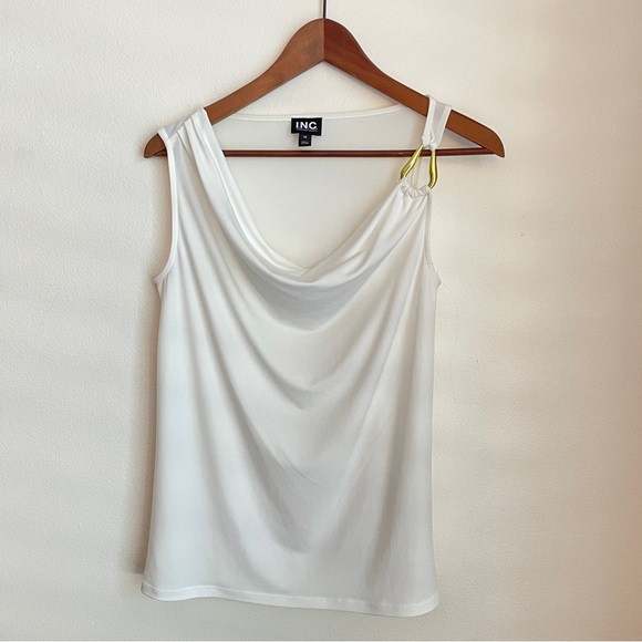 INC International Concepts Tops - INC White Drape Neck Tank Top Size XS Cowl Neck One Shoulder Minimal Chic Fitted